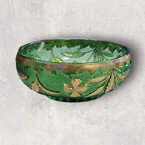 Vintage US Glass Delaware Emerald Gold Accent Cupped Bowls Set of 2 Antique EAPG - Picture 2 of 6